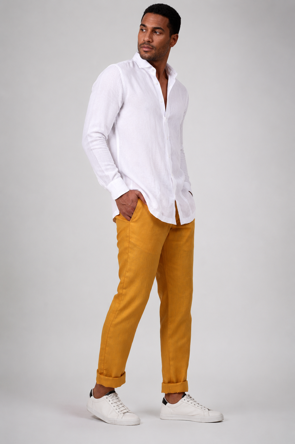 Pantalón Slim Fit Lino Mostaza