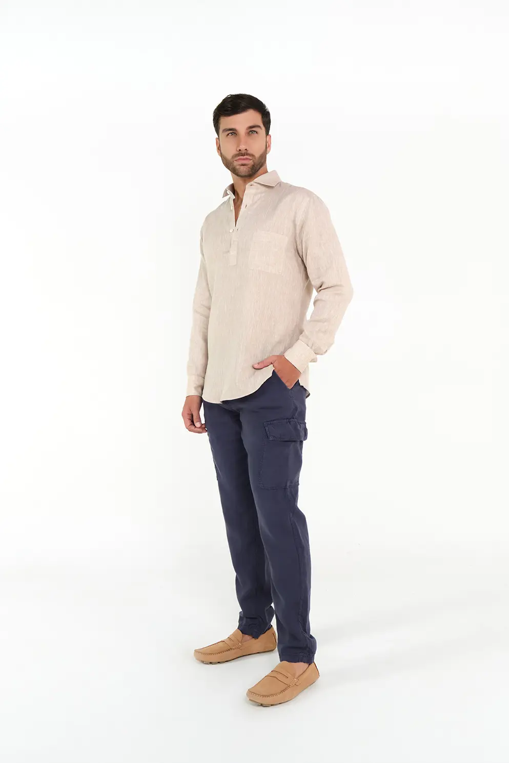 Pantalón Cargo Slim Fit 100% Lino Azul Oscuro