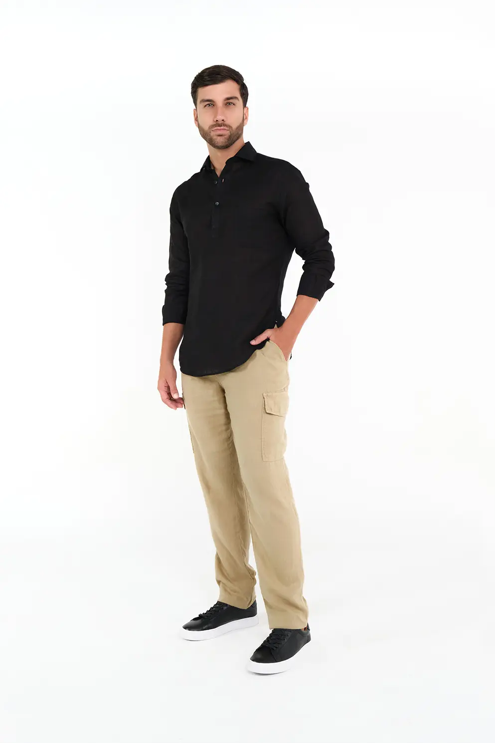Pantalón Cargo Slim Fit 100% Lino Beige
