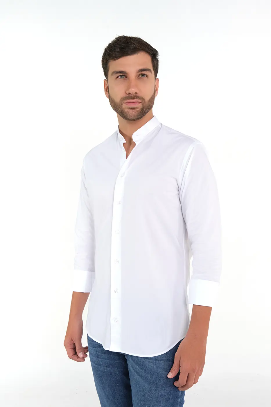 Camisa Cuello Nerú Slim Fit 100% Algodón Blanco
