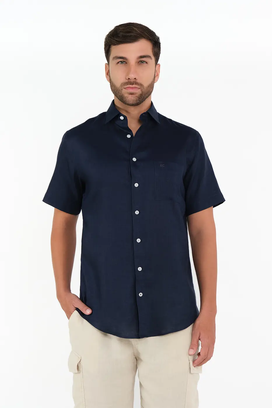 Camisa Manga Corta Slim Fit 100% Lino Navy