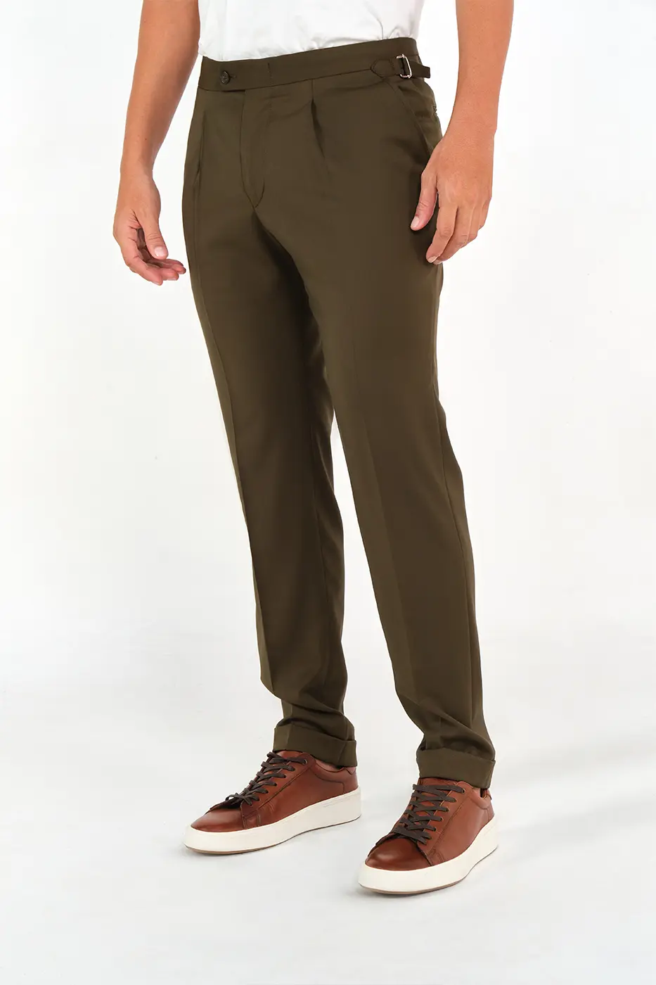 Pantalón Gabardina Classic Fit 100% Lana Verde Militar