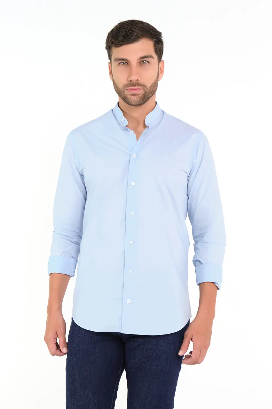 Camisa Cuello Nerú Slim Fit 100% Algodón Azul Claro